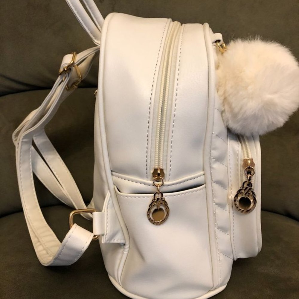 NWOT Mini Backpack Pom Cute Small Backpack Purse Vegan Leather White Cream Bag - Picture 2 of 16